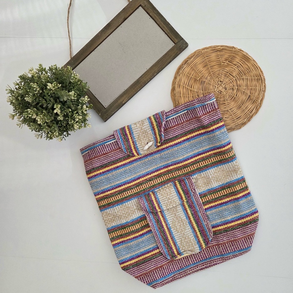 Boho Woven Tote Bag Multicolor Striped Handmade Style Shopper